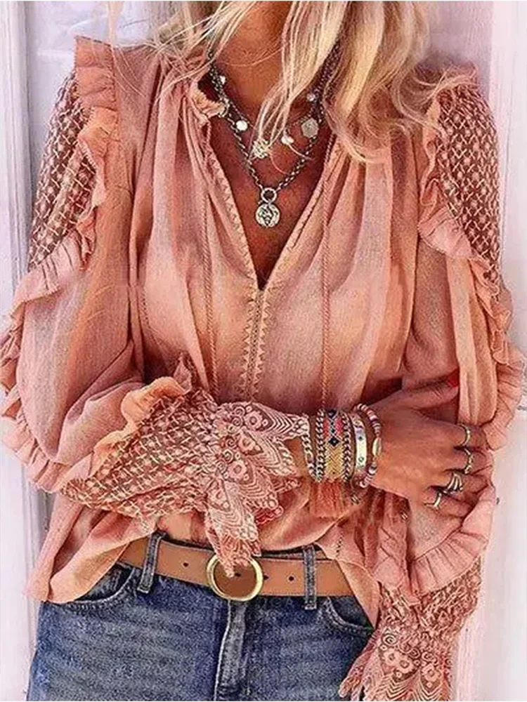 

Elegant Women's Shirt Top V Neck Plain Crochet Lace Paneled Frill Trim Blouse Office Lady Casual Long Sleeve camisas e blusas