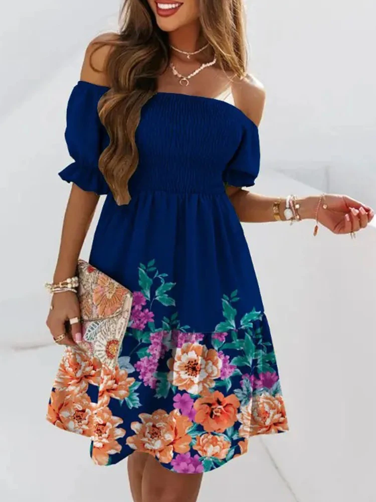 Elegant Mini Dress Lady Loose Dress Fashion Off Shoulder Short Sleeve Women Party Dress Summer Floral Print Waist A-Line Dress
Elegant Mini Dress Lady Loose Dress Fashion Off Shoulder Short Sleeve Women Party Dress Summer Floral Print Waist A-Line Dress