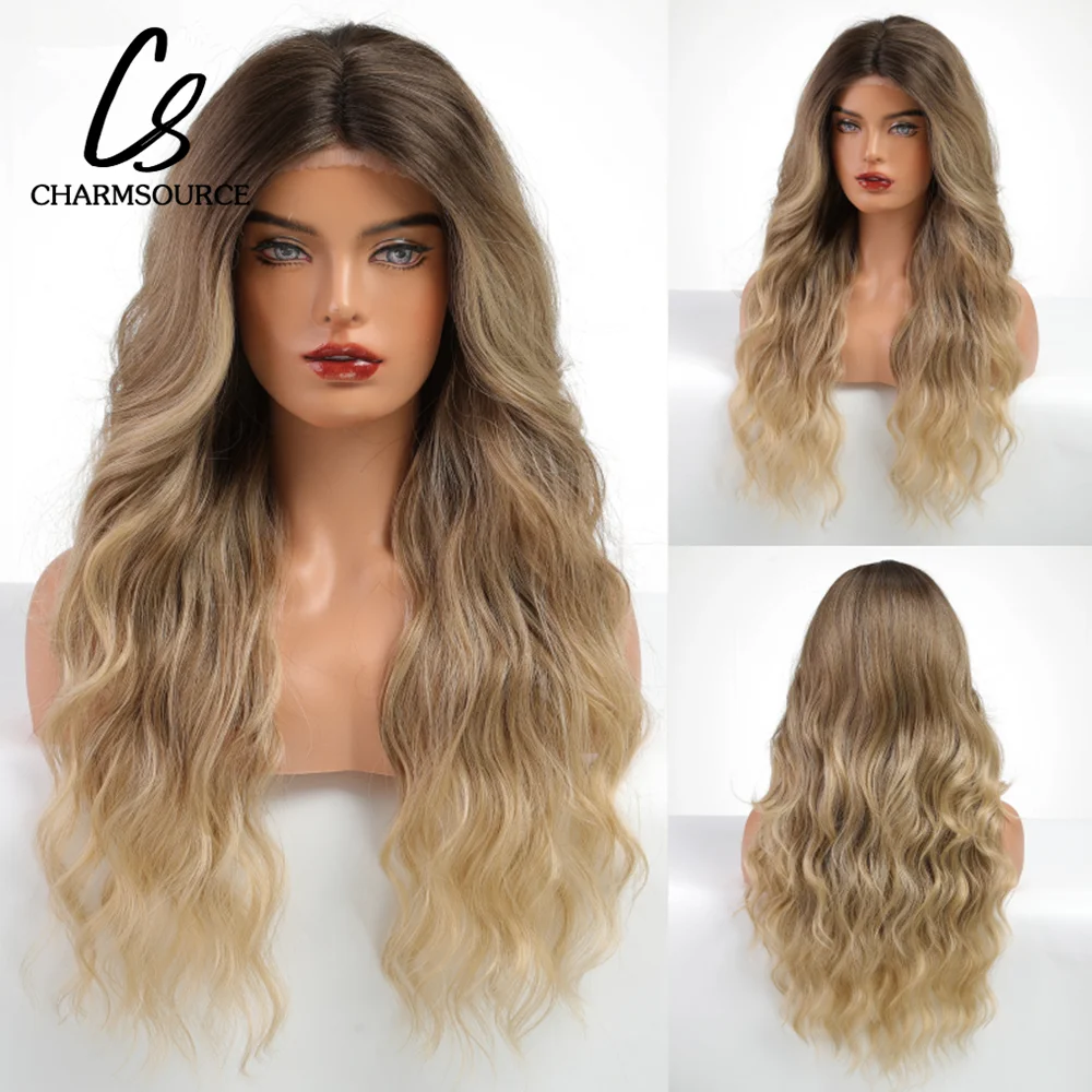 

CharmSource Lace Front Wigs Brown Ombre Blonde Synthetic Long Wavy Curly Wigs with Strap for Women Cosplay High Density Hair Wig
