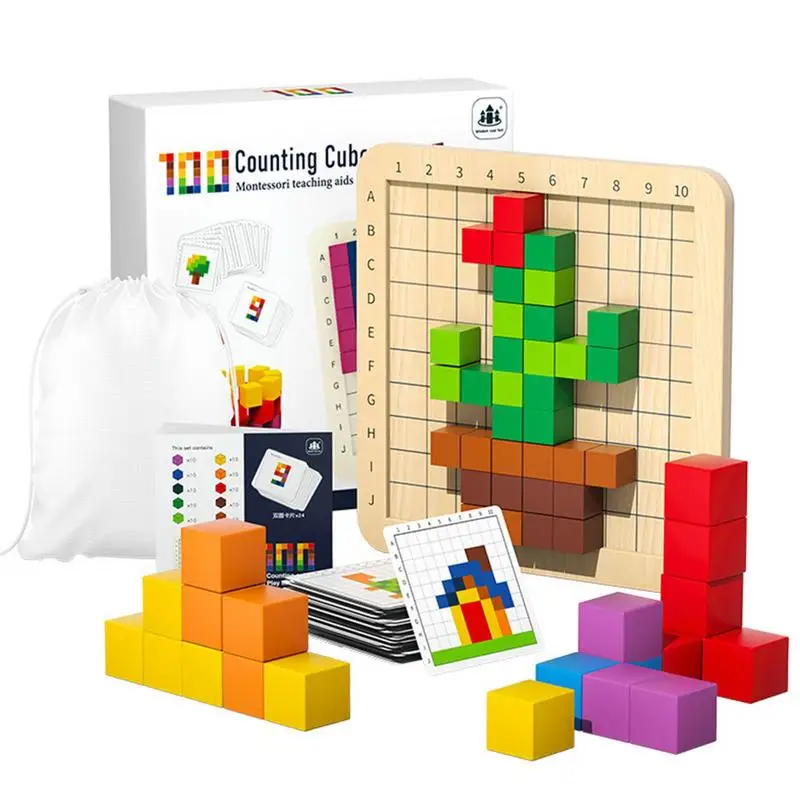 

Деревянные кубические головоломки, кубические строительные блоки, детские деревянные блоки, красочные строительные блоки, пазлы в комплекте с сумкой и 24 идеальными картами
