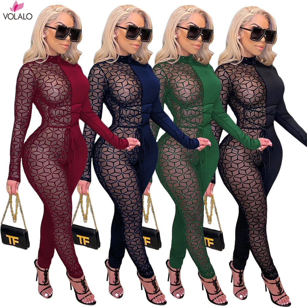 

VOLALO 2024 Sheer Mesh Patchwork Women Sexy Lace Up Jumpsuit Turtleneck Long Sleeve One Piece Overall Night Club Party Romper