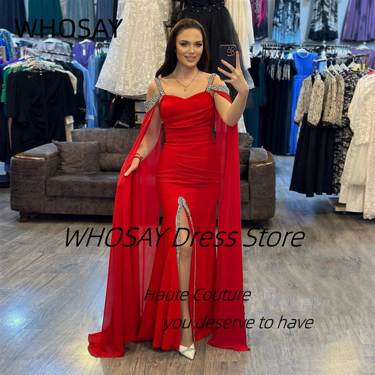 

WHOSAY Vestidos De Fiesta Flutter Sleeves Off Shoulder Prom Dresses with Crystals Side Slit Mermaid Evening Party Bride Gowns