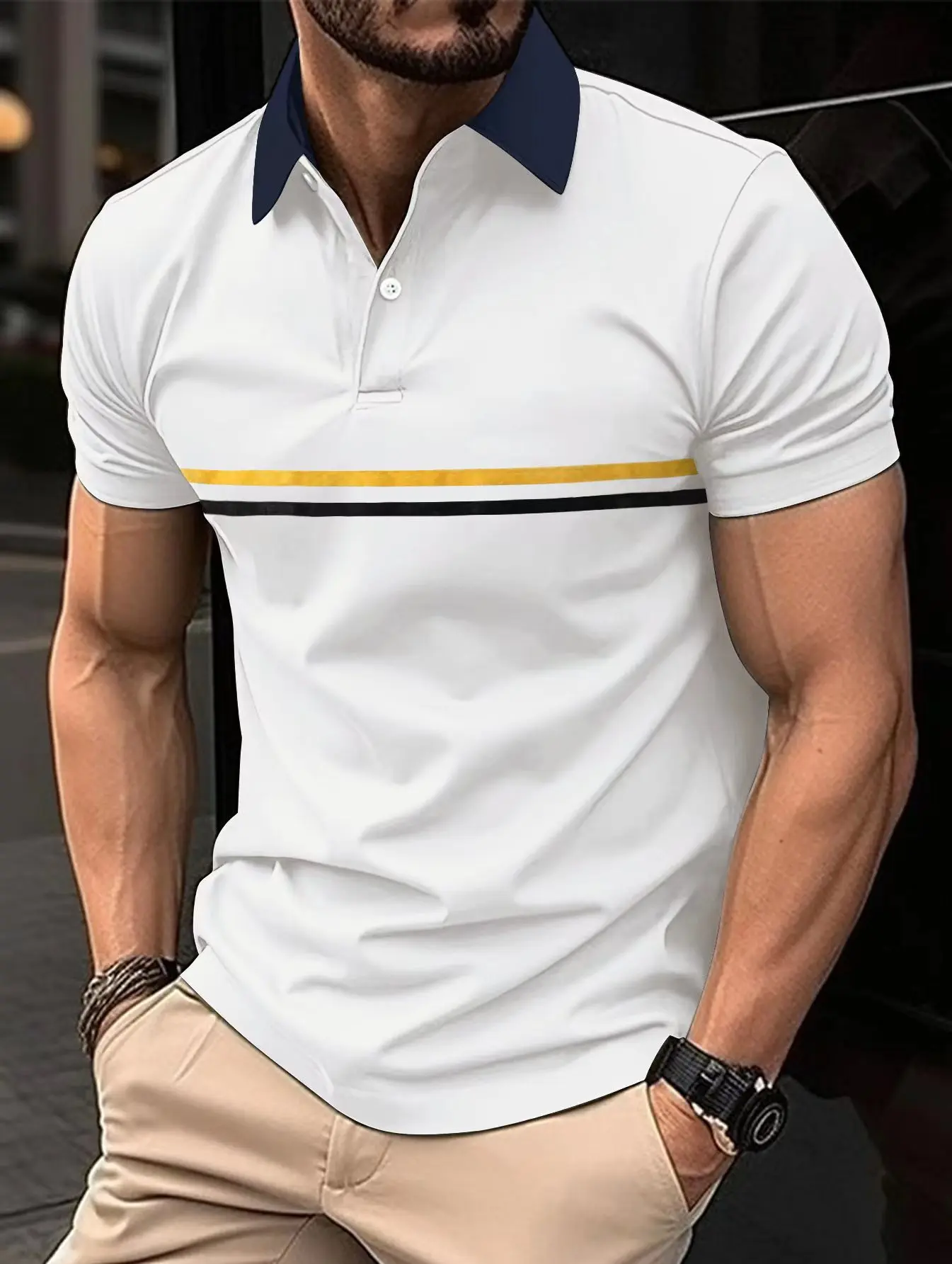 

New men's slim-fit plastic twill horizontal button-down POLO shirt short sleeve