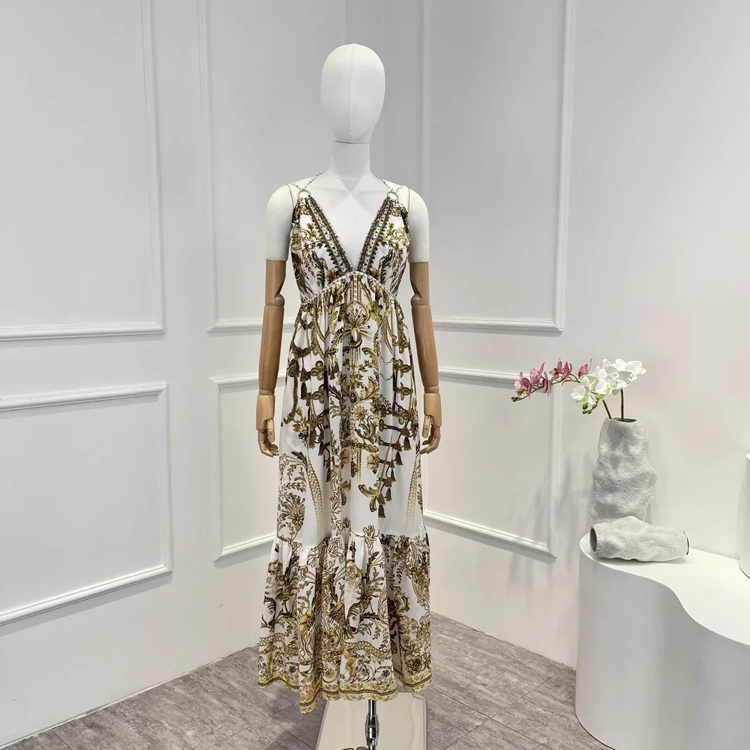 Diamonds Lace-up Floral Printing Frill Midi Dress 2024 New High Quality Silk Shirred Vintage Sleeveless Woman Clothes
Diamonds Lace-up Floral Printing Frill Midi Dress 2024 New High Quality Silk Shirred Vintage Sleeveless Woman Clothes