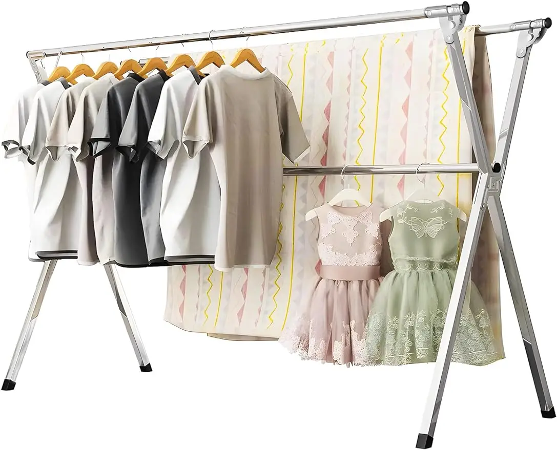 

95 Inches Clothes Drying Rack, Heavy Duty Stainless Steel Laundry Drying Rack Folding Indoor Outdoor, Portable Drying