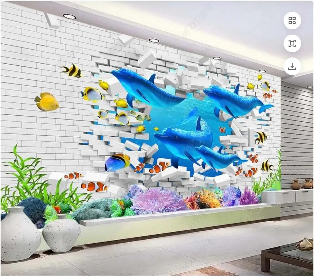 

wallpaper photo 3d custom mural Brick wall Marine dolphin coral tropical fish living room home decor wallpaper for walls 3d