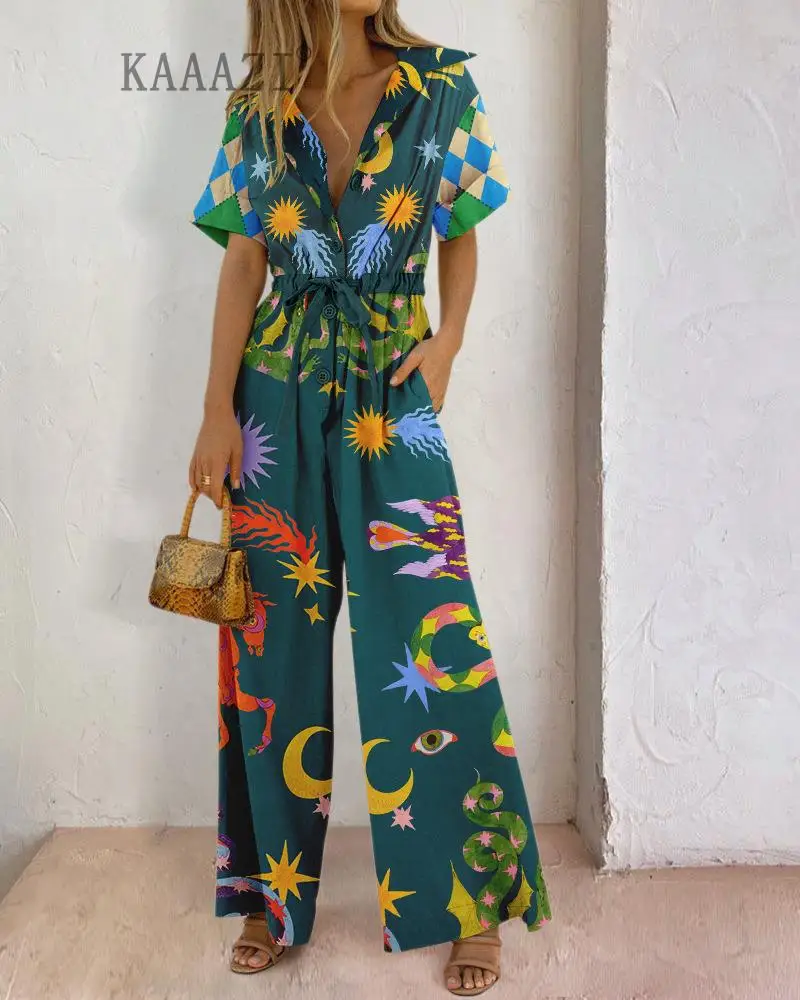KAAAZI Women Polo Collar Jumpsuit Loose Chic Clothing Vintage Printed Graphic Short Sleeve Casual Drawstring Long Pants Elegant
KAAAZI Women Polo Collar Jumpsuit Loose Chic Clothing Vintage Printed Graphic Short Sleeve Casual Drawstring Long Pants Elegant