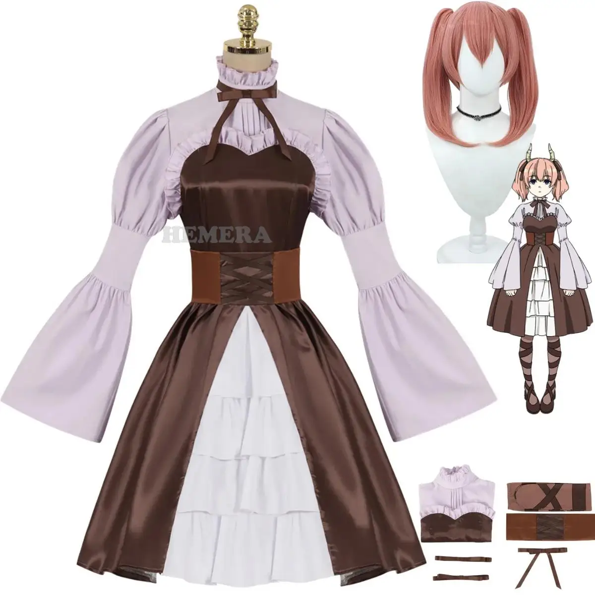 

Anime Frieren Beyond Journey‘s End Costume Women Linie Cos Dress Pink Bunches Wig Role Party Khaki Primrose Horn