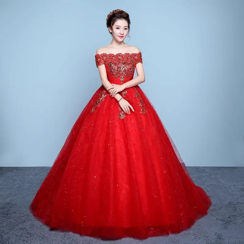 

Cheap Red Wedding Dress Crystal Bling Off the Shoulder Lace up Princess Trailing Plus size Pregnant Simple Women Ball Gown XN037