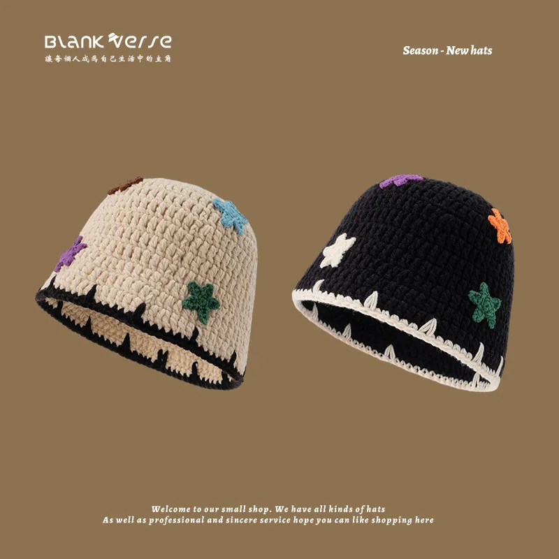 

2023 Crocheted Hat Foldable Embroidered Bucket Hat Same Style of Stars Fisherman Hats Knitted Hat Korean Casual Ladies Geometric