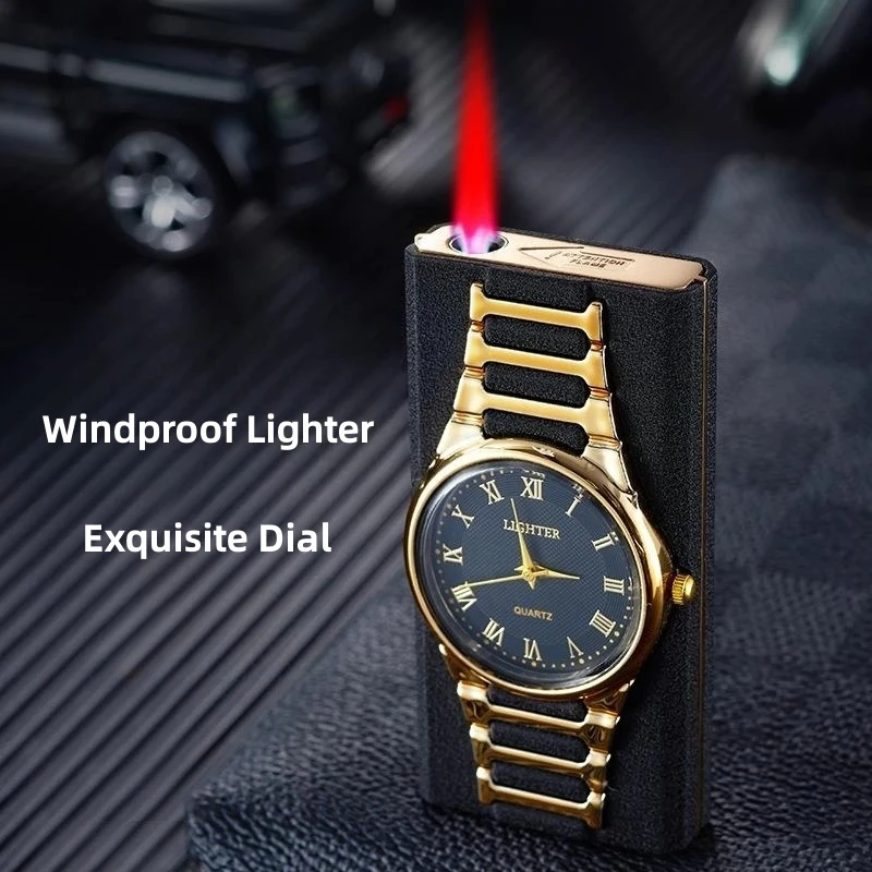 

Metal Clock Butane Gas Lighter Outdoor Windproof Straight Flush Red Flame Recyclable Inflatable Lighter Men's Portable Gifts