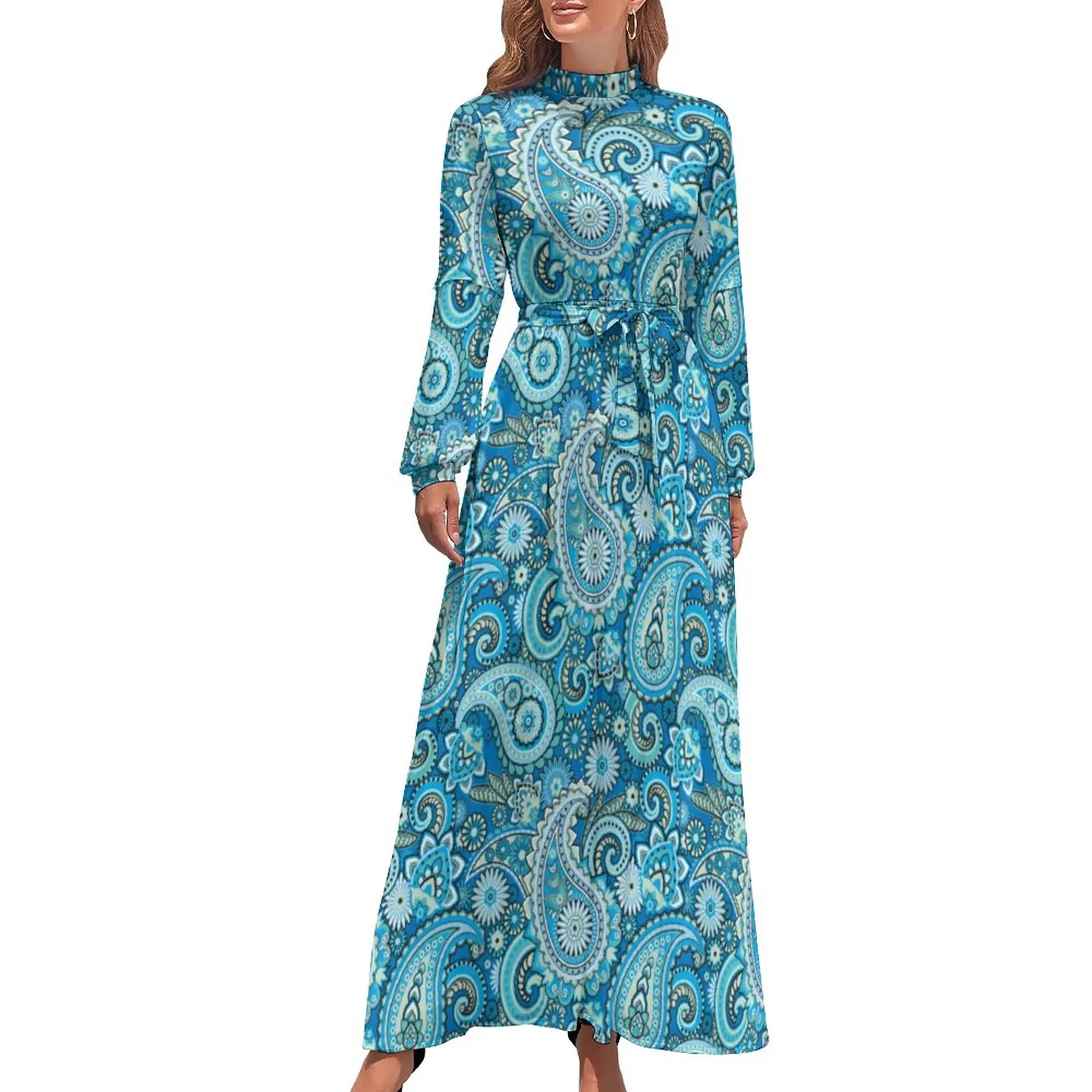 

Trippy Hippie Dress Retro Paisley Elegant Design Maxi Dress High Waist Long Sleeve Aesthetic Boho Beach Long Dresses