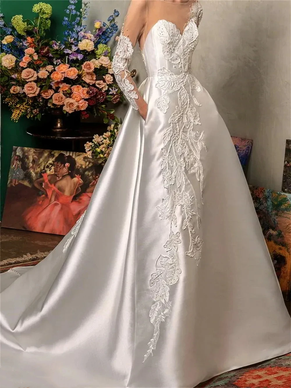 Elegant Satin A Line Wedding Dresses Embroidery Lace Beaded O- Neck Long Sleeve Boho Bridal Gowns Buttons Back Vestidos De Novia
Elegant Satin A Line Wedding Dresses Embroidery Lace Beaded O- Neck Long Sleeve Boho Bridal Gowns Buttons Back Vestidos De Novia