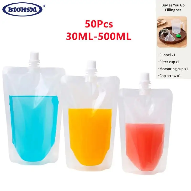 

50pcs 30-500ml Transparent Drinking Liquid Packaging Nozzle Bags Clear Juice Beverage Milk Sealed Storage Plastic Reusable Pouch
