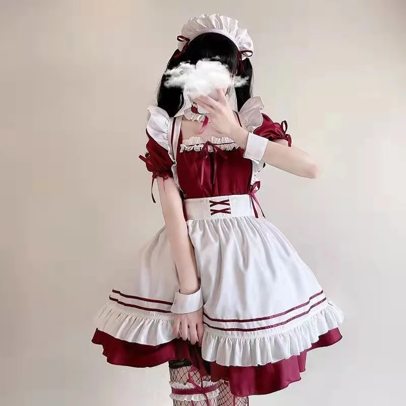 

Korean Kawaii Lolita Uniform Women Sexy Maid Dress Stage Party Cosplay Costume Plus-size Clothing Christmas Burgundy Bunny Suit