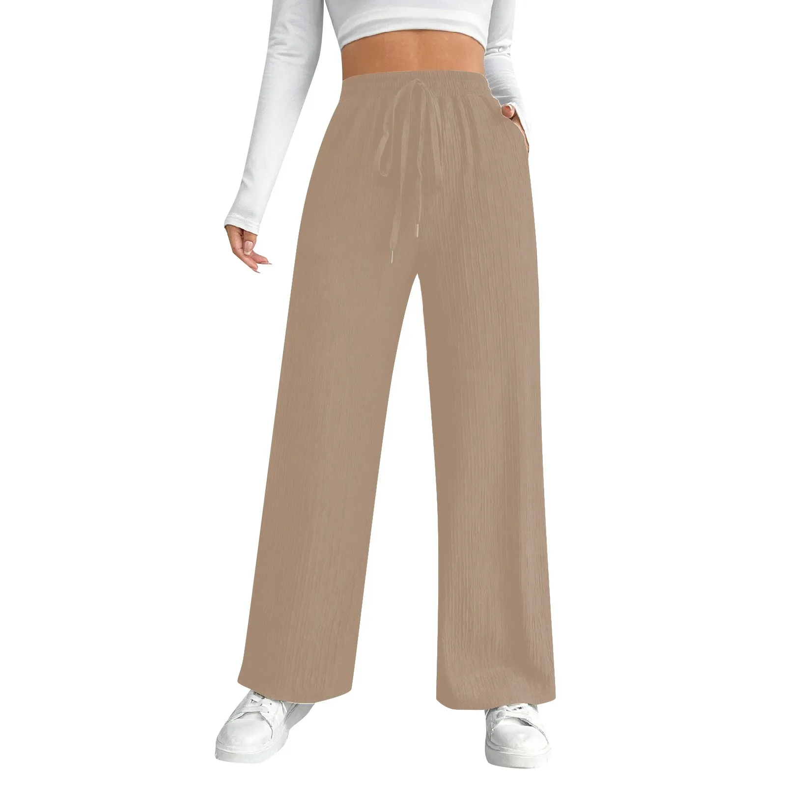 

Women'S Casual Solid Color Waistband Straight Leg Wide Leg Pants Comfy Boho Trousers Casual Straight Loose Trousers Pantalon