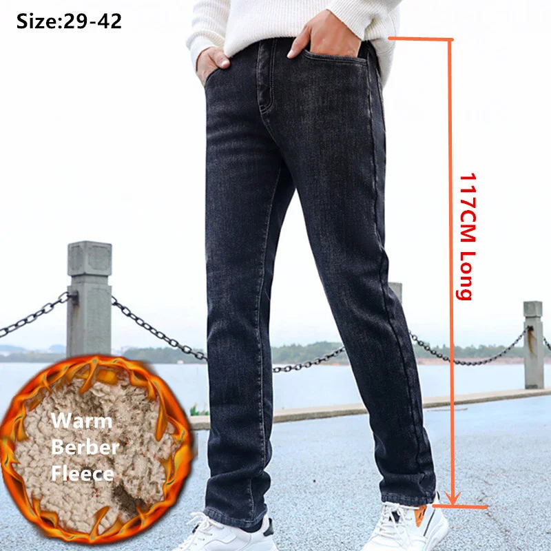 

Berber Fleece Warm Tall Men Jeans 117CM Straight Slim Fit High Waisted Winter Plus Size 42 40 38 Denim Black Extra Long Trousers