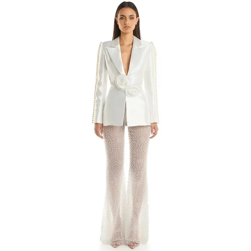 Pearls White Women Suits Set Sexy Hollow Blazer Female Pants Spring Office Lady Business Work Wear Wedding Coat Prom Dress
Pearls White Women Suits Set Sexy Hollow Blazer Female Pants Spring Office Lady Business Work Wear Wedding Coat Prom Dress