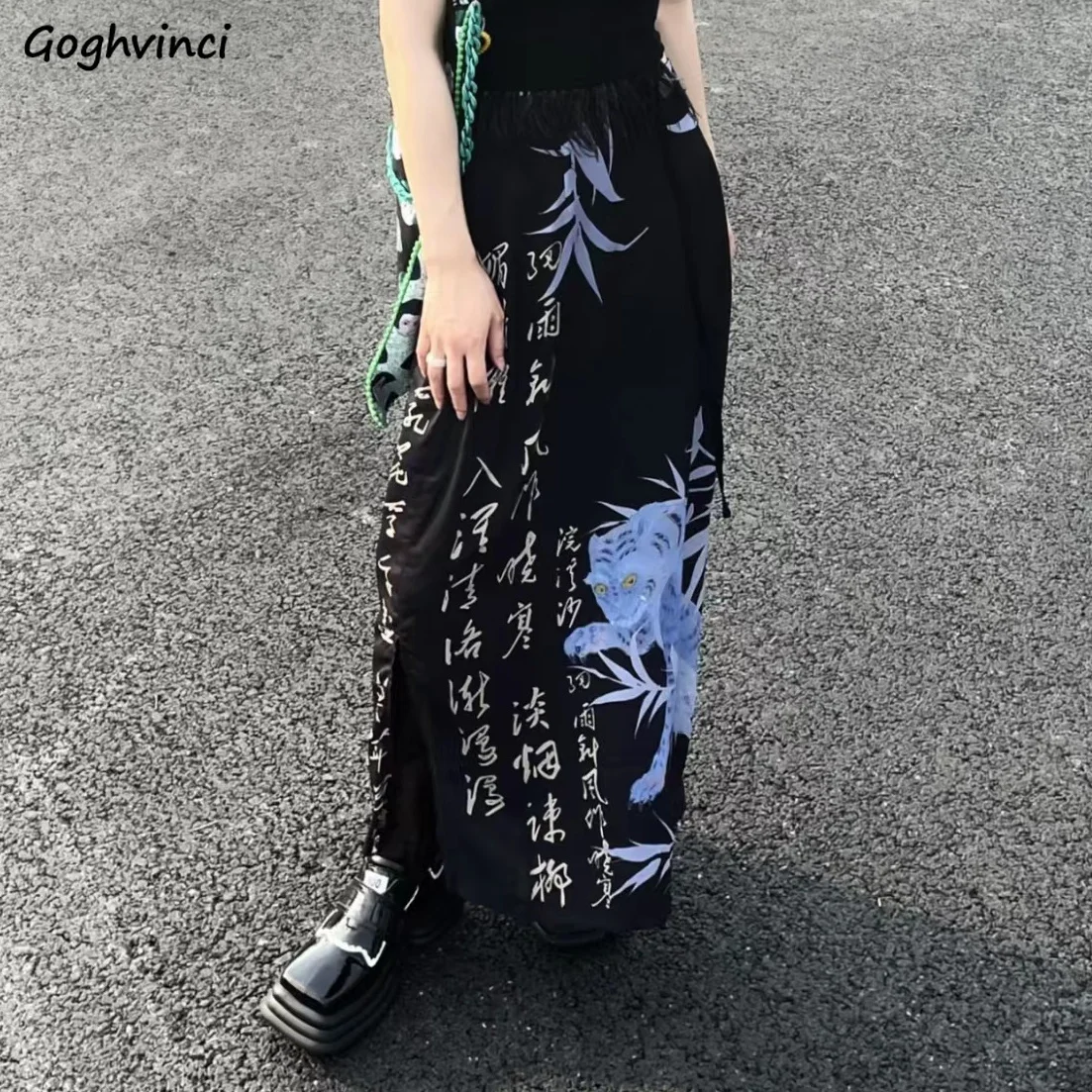 

Chinese Style Skirts Women Design Black Print Hong Kong High Waist Side Slit A-line Midi Personality Streetwear Trendy Summer