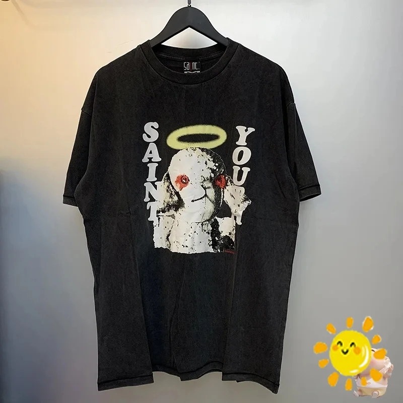 

Новая модная футболка 24SS с мультяшным принтом Святого Майкла, мужская и женская футболка лучшего качества, футболка оверсайз, винтажная черная футболка с потертостями