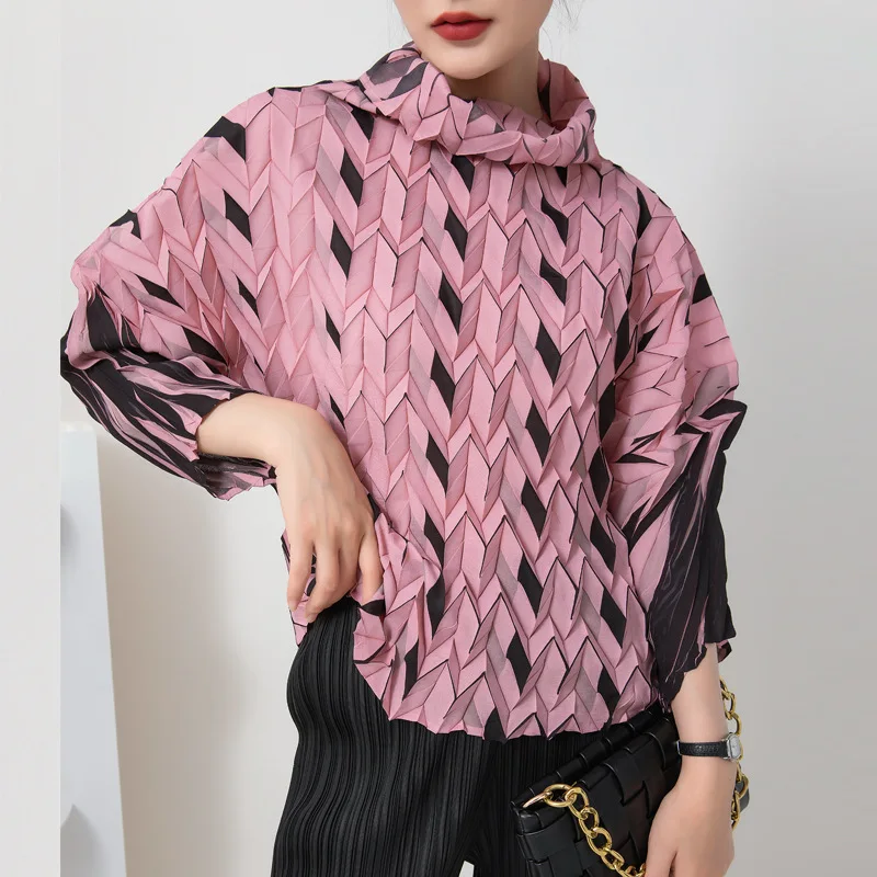 

Miyake Pleated Heavy Industry Turtleneck Top for Women 2022 Autumn New Pullover Loose Large Size Fashion Elegant Bottoming Shirt