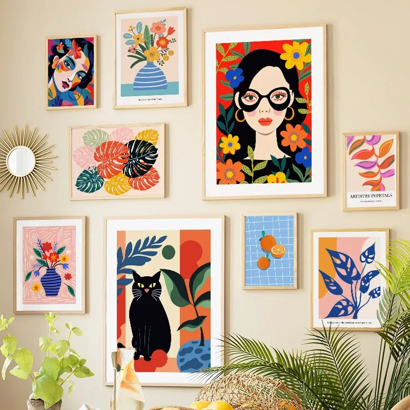 

Абстрактный лист монстера, оранжевый цветок, Черный кот, настенная Картина на холсте, скандинавский постер печать, Картина Настенная для декора гостиной