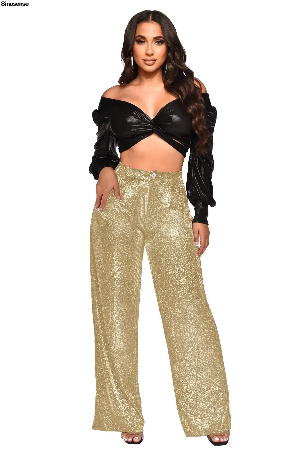 

Women Sexy Metallic Sparkly Wide Leg Pants High Waist Trousers Bling Glitter Shiny Pants Clubwear Cocktail Party Loose Long Pant