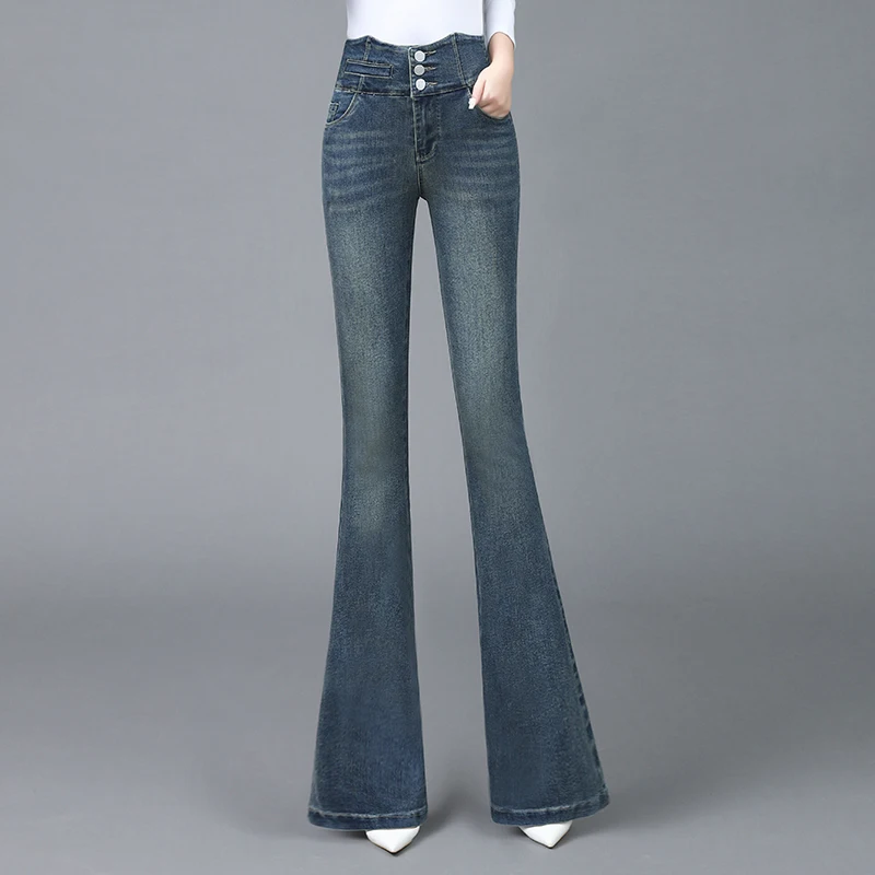 

Винтажные расклешенные брюки, женская красивая одежда, джинсы с вырезами, весна-осень 2023, Отбеленные джинсовые брюки с высокой талией, облегающие брюки