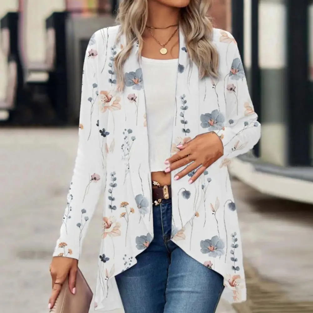 

Loose Fit Coat Floral Print Women's Collarless Cardigan Stylish Mid-length Coat with Irregular Hem Open Front for Spring Autumn