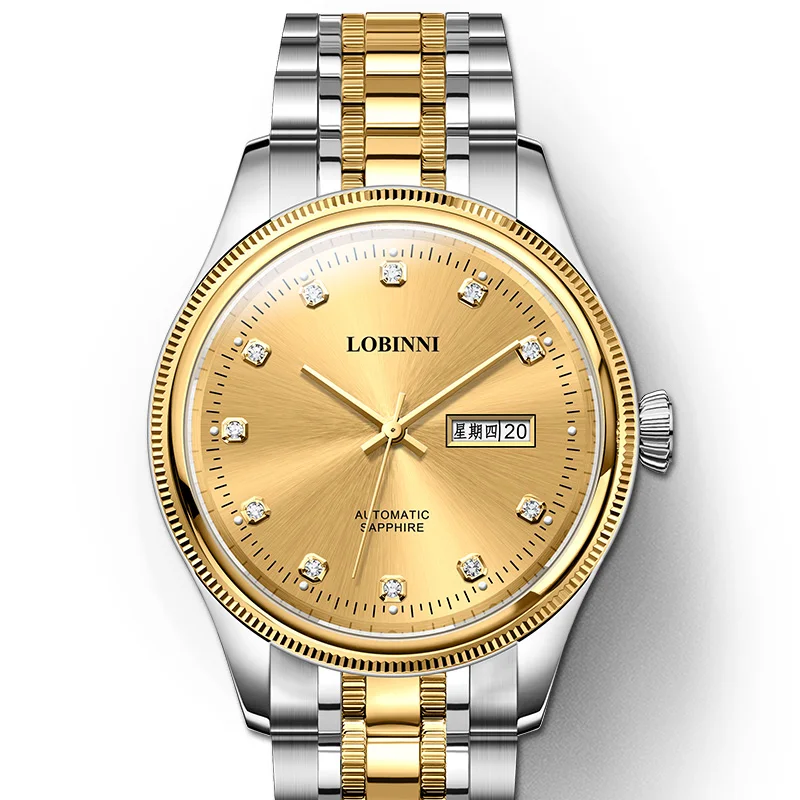 Мужские автоматические часы Lobinni, роскошные механические наручные часы 40 мм, водонепроницаемость 50 м, с сапфировым стеклом, застежкой-бабочкой и датой на неделю, золотистые
Мужские автоматические часы Lobinni, роскошные механические наручные часы 40 мм, водонепроницаемость 50 м, с сапфировым стеклом, застежкой-бабочкой и датой на неделю, золотистые