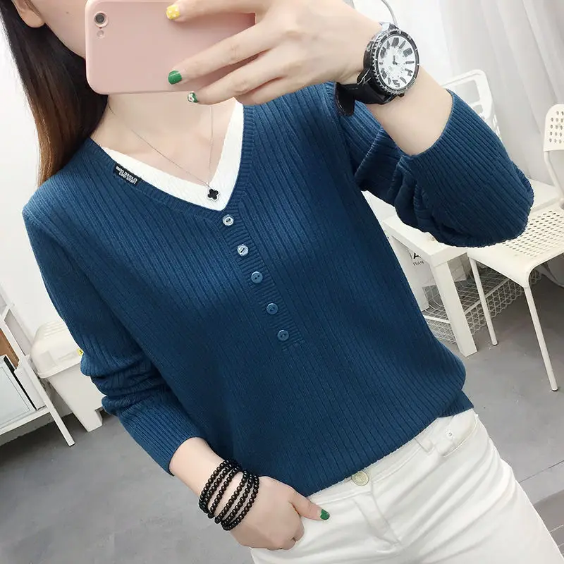 

Autumn and Winter Women's V-neck Solid Pullover Button Contrast Thread Sweater Knitted Color Block Bottom Fashion Casual Tops