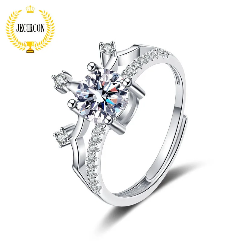 

JECIRCON 925 Sterling Silver Crown Moissanite Ring for Women 1 Carat Simulation Diamond Platinum Plated Couple Engagement Band