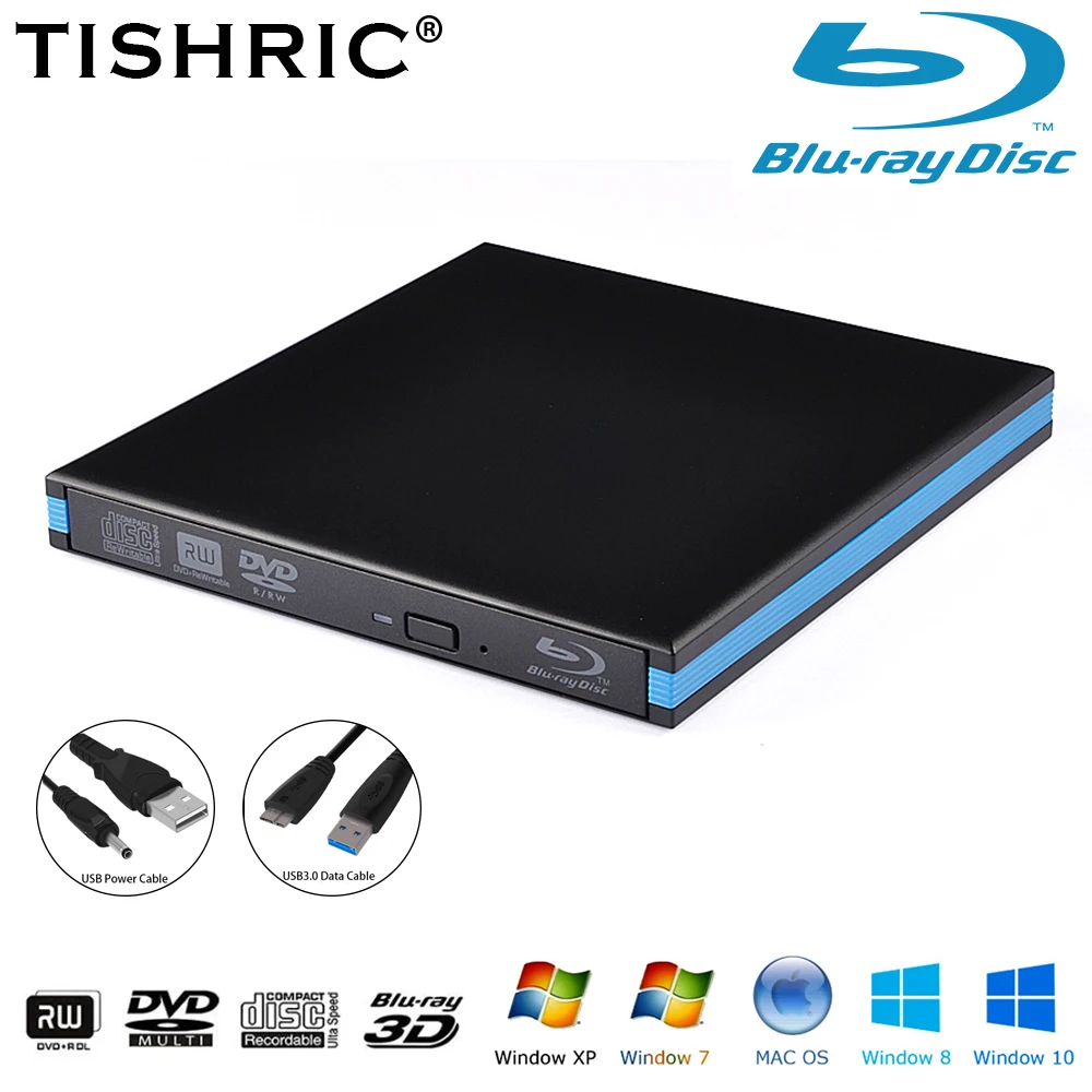 

TISHRIC External Bluray Drive Writer Reader Blu-Ray Burner Player USB 3.0 CD DVD For Windows MacBook Laptop Desktop