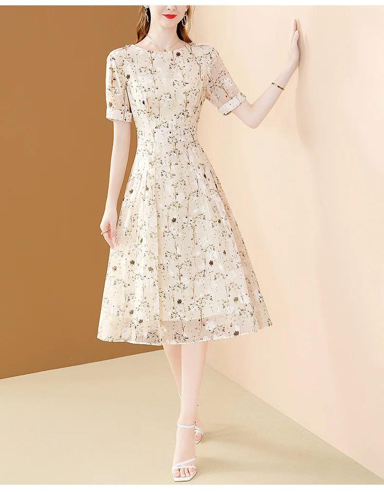 EVNISI Chic Floral Printing Women Chiffon Dress O-Neck Elegant Apricot Office A-LINE Dresses Fairy For Women Slim Party Vestido EVNISI Chic Floral Printing Women Chiffon Dress O-Neck Elegant Apricot Office A-LINE Dresses Fairy For Women Slim Party Vestido