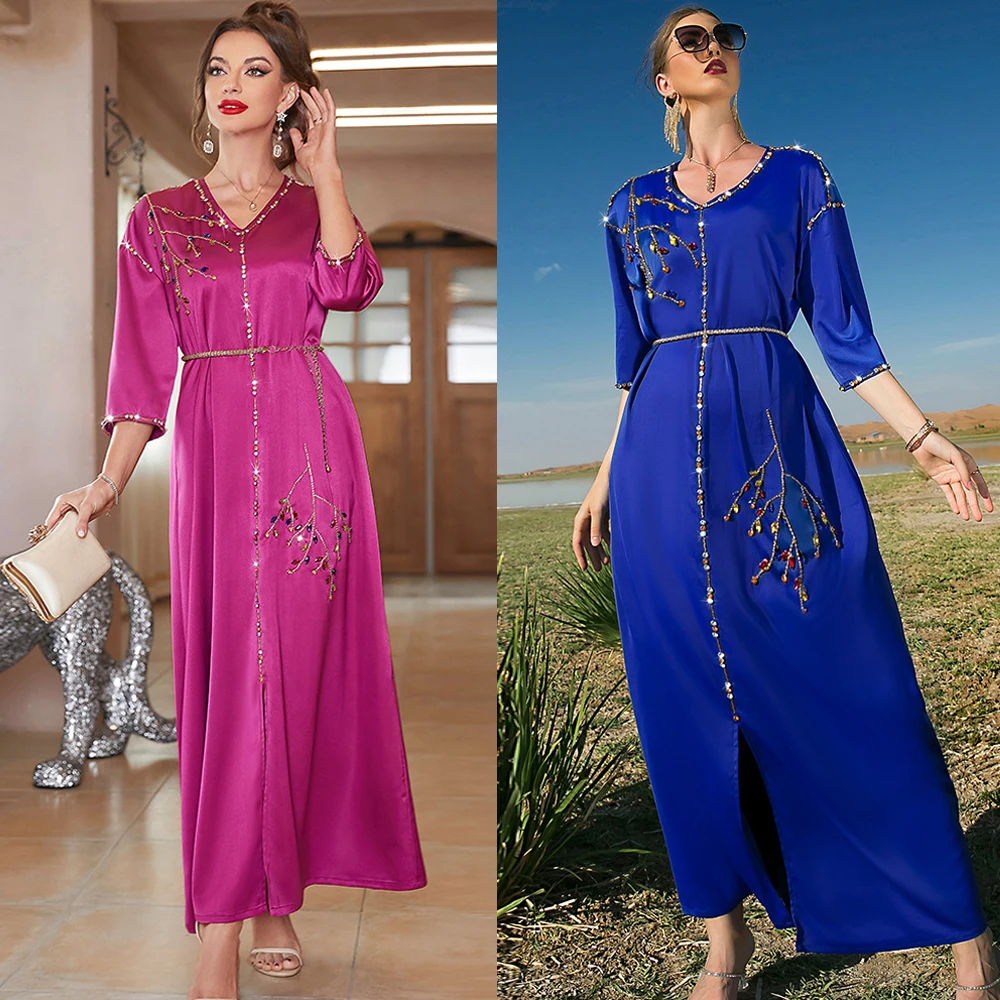 

Women Satin Luxury Rhinestone Long Dress Muslim Abayas Arab Islam Ramadan Moroccan Jalabiya Dubai Caftan Middle East Eid Mubarak