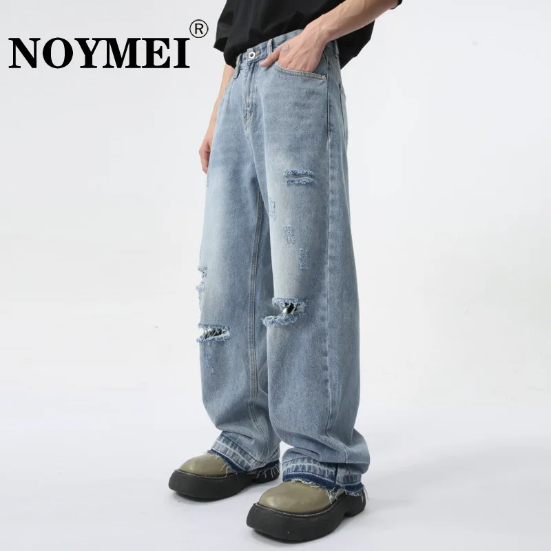 

NOYMEI Hole Design Men's All-match American Style Fashionable High Street Denim Pants Trendy Male Straight Wide Leg Jean WA4488