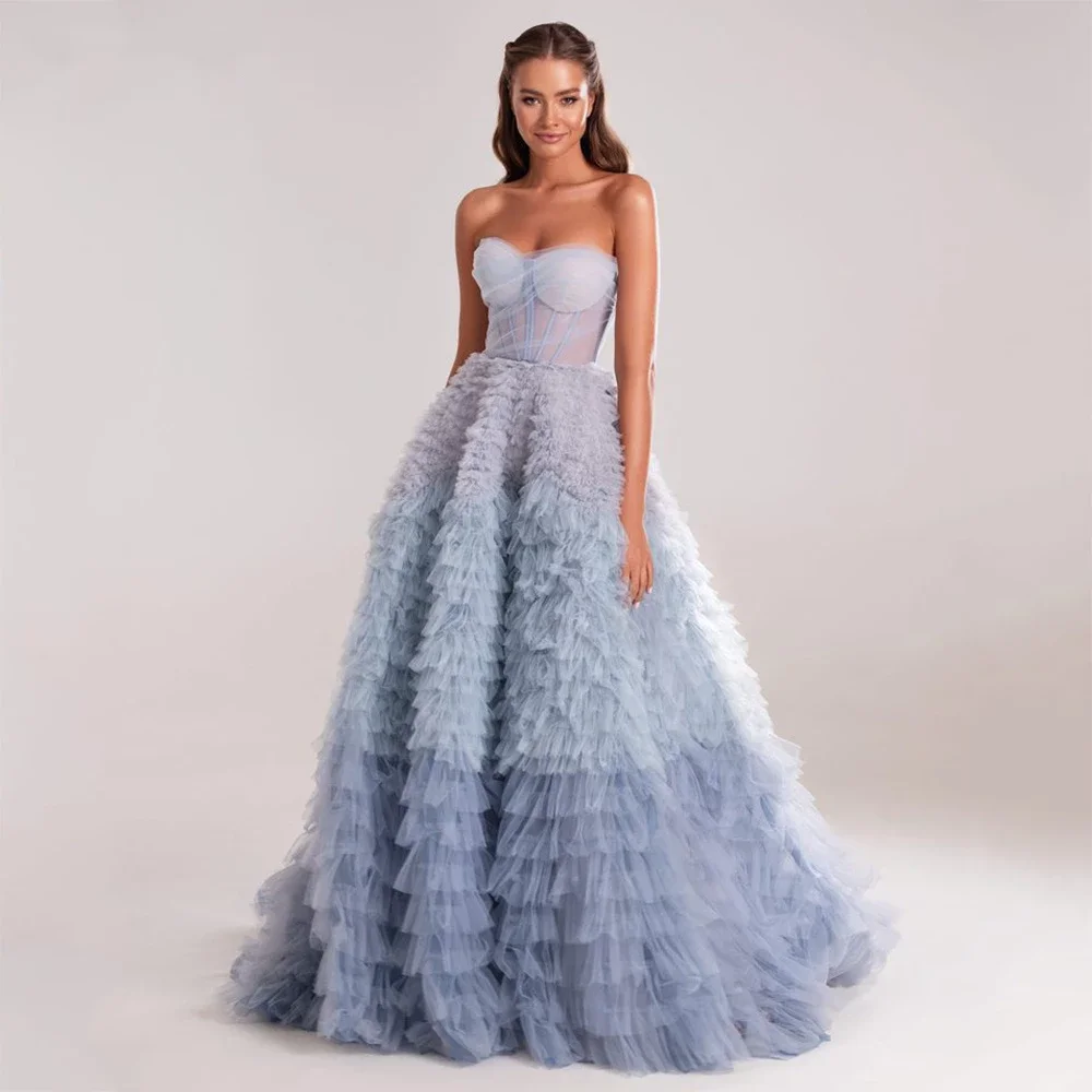 Elegant and Sweet Blue Pleated A-line Party Evening Gowns Saudi Arabian Sweetheart Gradient Prom Dresses Vestidos De Graduación
Elegant and Sweet Blue Pleated A-line Party Evening Gowns Saudi Arabian Sweetheart Gradient Prom Dresses Vestidos De Graduación