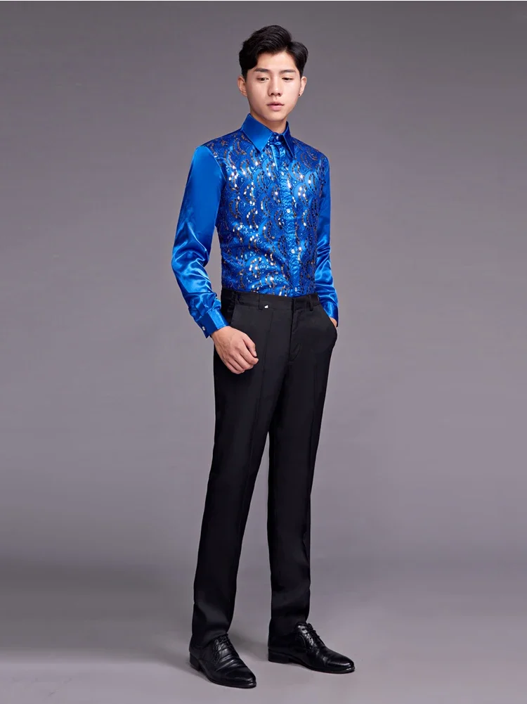 

Мужская атласная рубашка с блестками, синяя блестящая приталенная рубашка с длинным рукавом, для ночного клуба и выпускного вечера