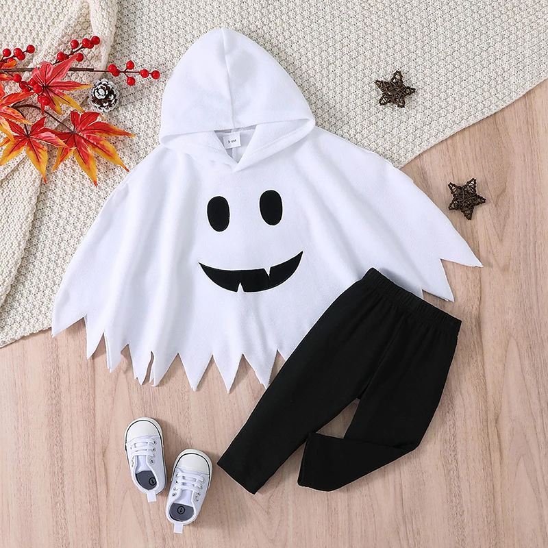 

BeQeuewll Toddler Girls Boys Fall Outfits Ghost Smiling Face Print Cloak Hoodies and Long Pants 2Pcs Halloween Clothes Set