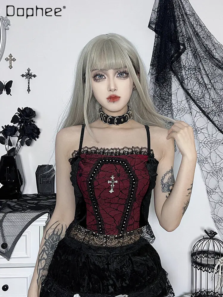 

Streetwear Women Spider Black Lace Slip Camisole 2023 Summer New Gothic Women's Stitching Slimming Sling Crop Top Outer Wear