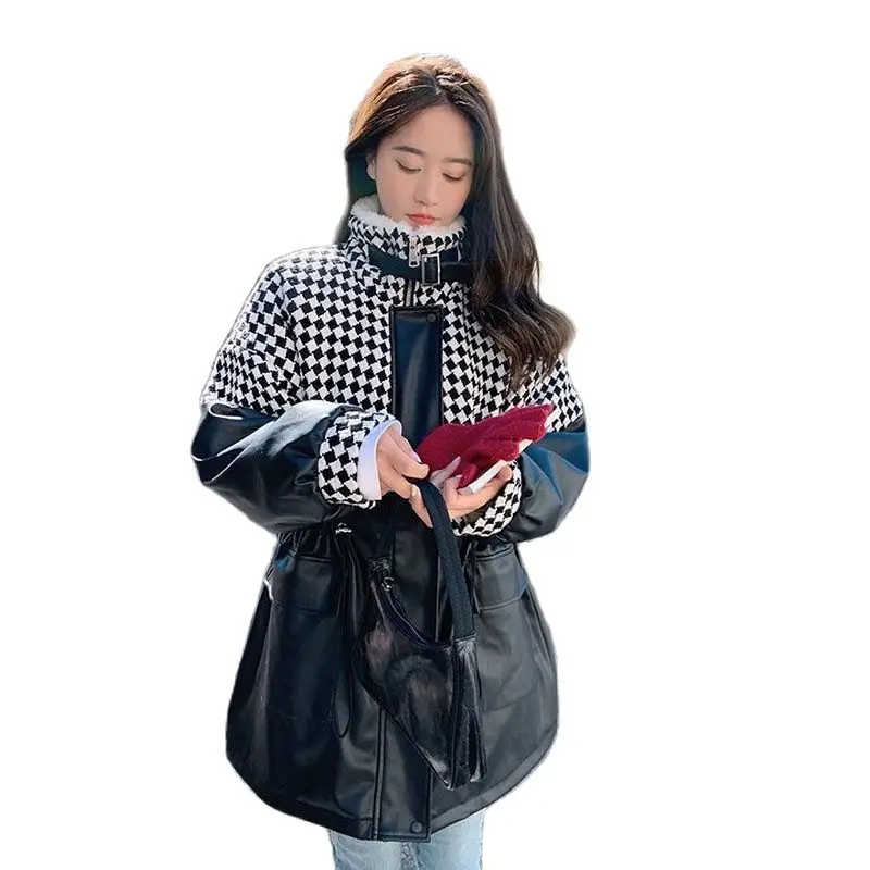 

Winter Pu Leather Jacket Female Medium Long Add Velvet Add Thick Keep Warm Splicing Checkerboard Skin Cotton Coat Lady Parka