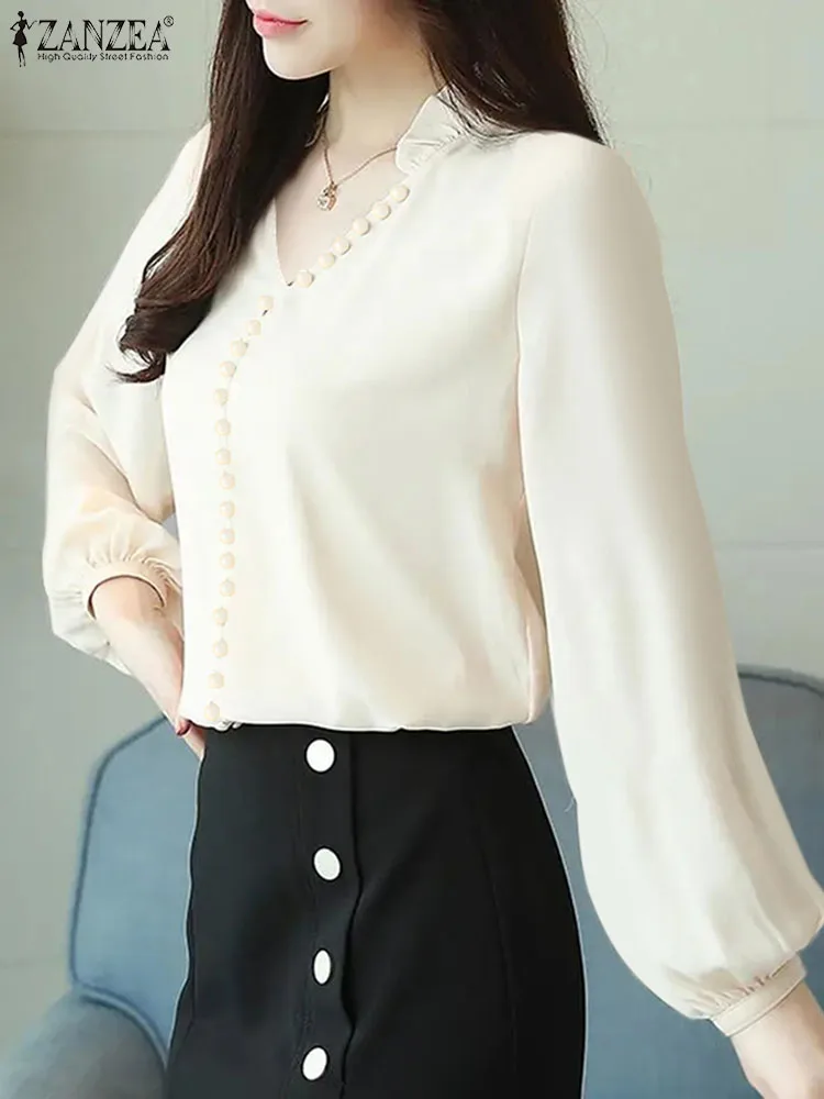 

Элегантные топы с длинными рукавами-фонариками ZANZEA 2024, Весенняя женская офисная рубашка, сексуальная однотонная блузка с V-образным вырезом, Повседневная Свободная Корейская модель