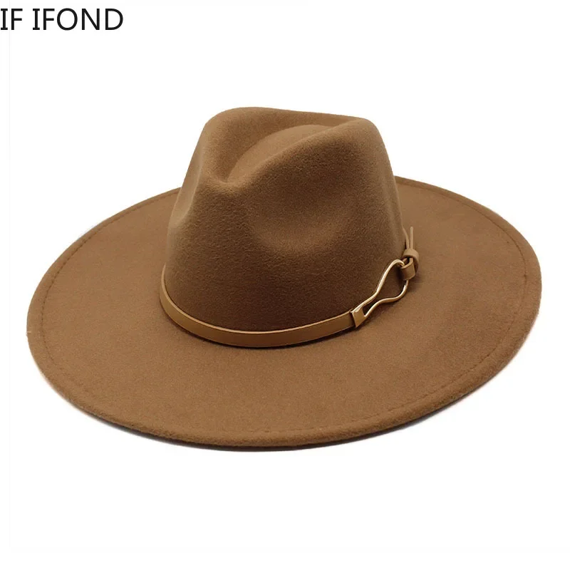

2022 Fedora Hat Women Big Wide Brim 9.5cm Vintage Khaki Felted Jazz Hat Winter Formal Dress Cap sombreros de mujer