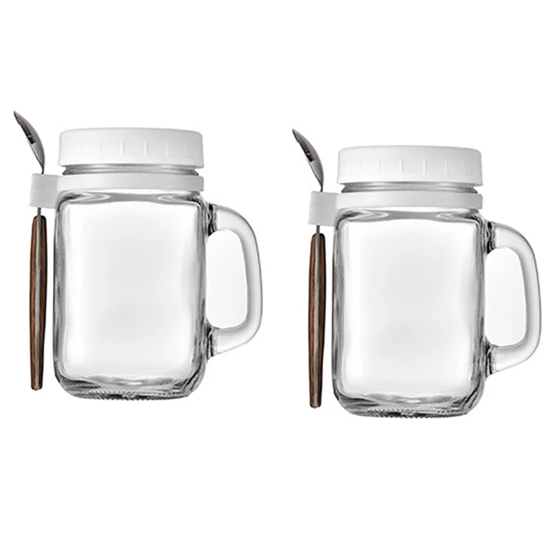 

2 Pieces Oatmeal Bowl Milk Cup With Handle And Spoon, Glass Storage Jars , Reusable Leak-Proof Cups For Travelling