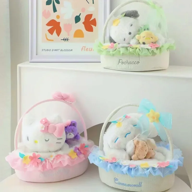 

Sanrios Hellokittys Pochacco Cinnamoroll Plushie Doll Crouching Posture Flower Basket Series Plush Appease Toys Gift
