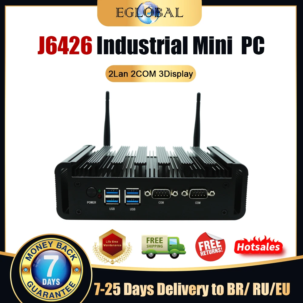 

Eglobal Industrial Fanless Mini PC J6426 Pentium Computer Win10 Win11 16G DDR4 512G SSD Wifi 2 RJ45 Lan 2 RS232 Com HDMI VGA DP