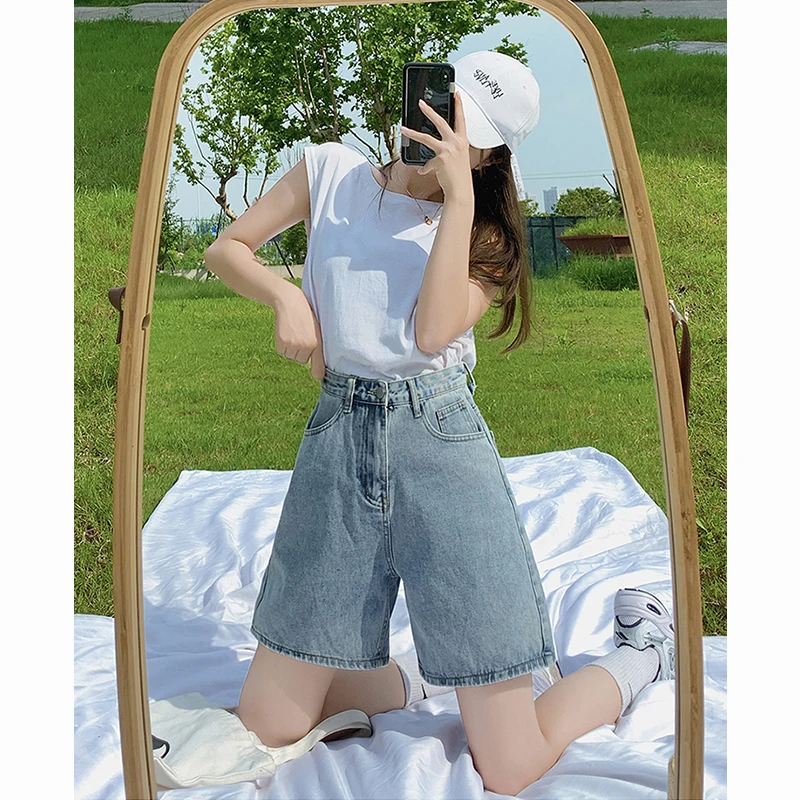 

Women's Denim Shorts Solid Color High Waisted Y2k Fashion Fifth Pants For Spring Summer Korean Version Straight Loose Jeans