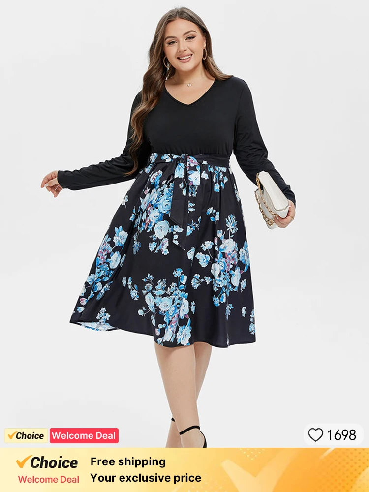 

Plus Sized Clothing Bohemian Women Fashion V-neck Floral Print Dress Ladies Belted Pocket Casual Sweet Vacation Dress for Women