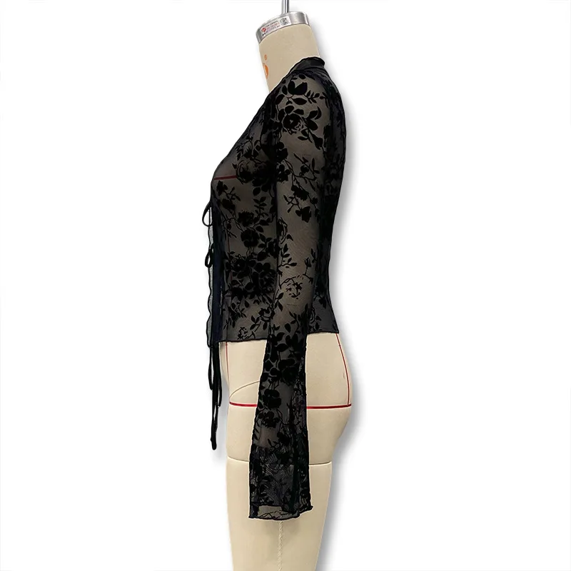 Sexy Lace Long Sleeve T-shirt V-neck Floral Print Mesh See Through Crop Top Autumn Fashion Flare Sleeve Slim Base Layer Shirt Sexy Lace Long Sleeve T-shirt V-neck Floral Print Mesh See Through Crop Top Autumn Fashion Flare Sleeve Slim Base Layer Shirt