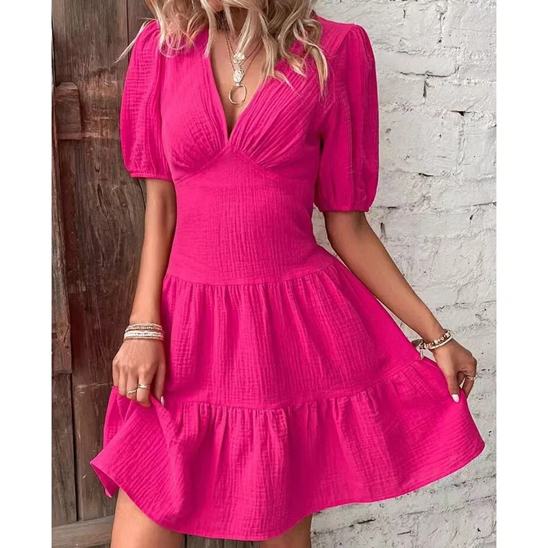 

V Neck Sexy Tunic Ladies Knee Length Dress Pink Low Cut High Waist Big Swing Corset Beach Vacation Dress Cotton Pretty A Line